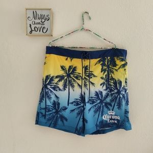 Corona Extra 💙 Palm Trees Beer Swim Trunks Shorts‎